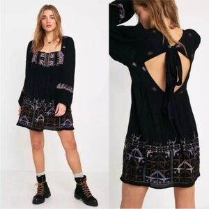 Free People Black Boho Dress with Purple Embroidered Accents